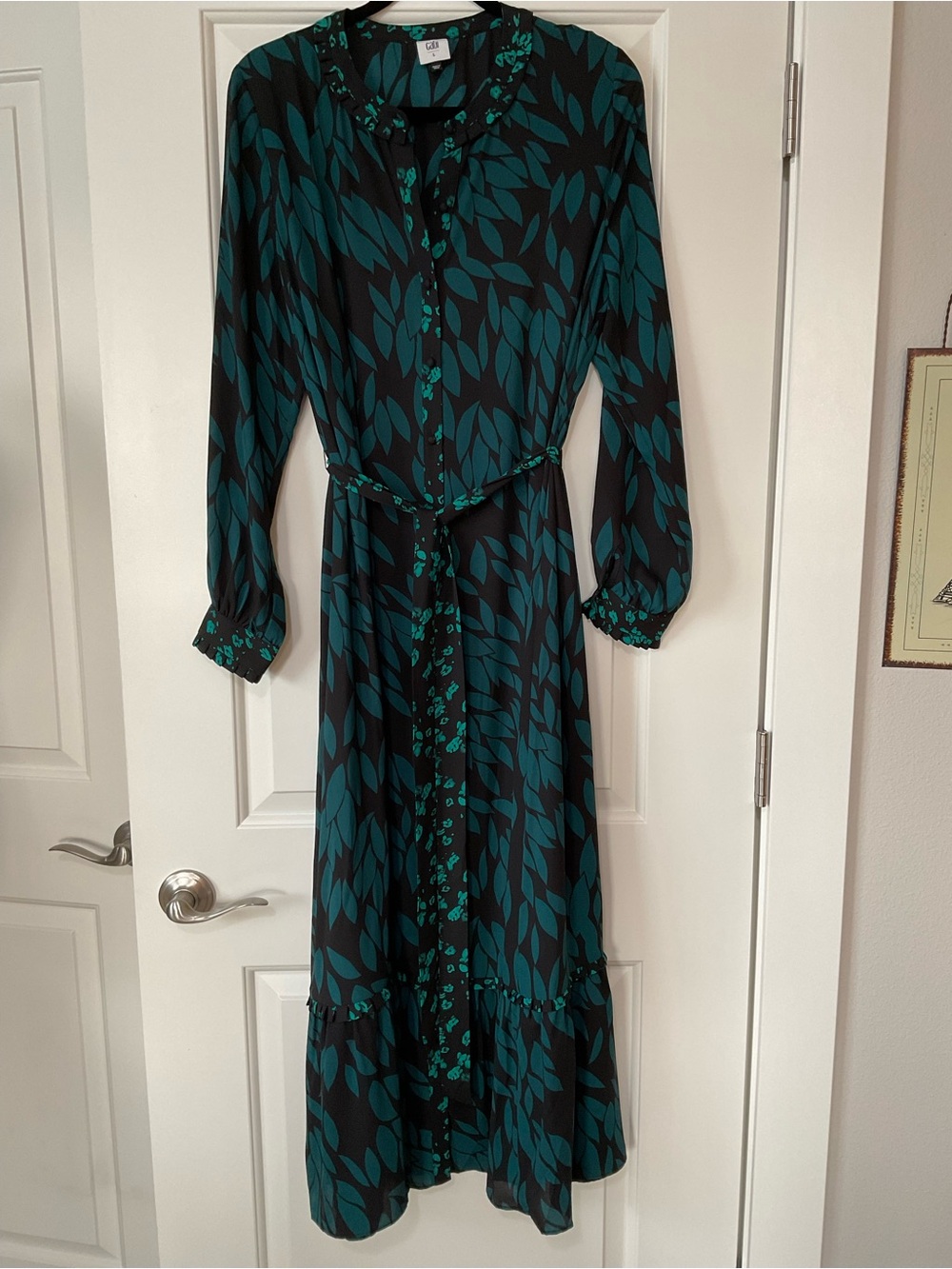 CAbi Teal and Black Leaf-Print Long Sleeve Midi Dress